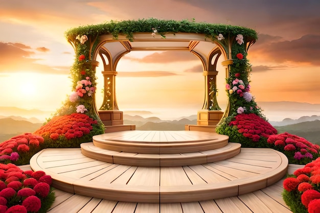 Una foto di un giardino con fiori e un ponte.