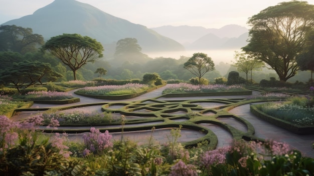 Una foto di un giardino geometrico con percorsi che si intersecano sullo sfondo della vista della montagna