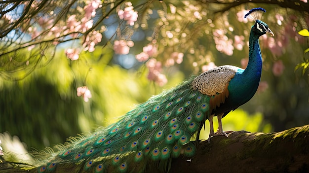 Una foto di un giardino lussureggiante di pavoni turchesi