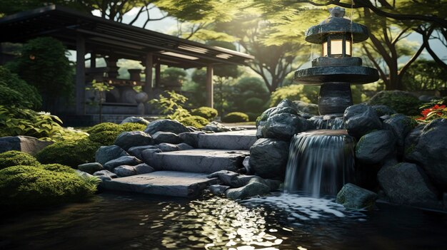 Una foto di un giardino termale con una fontana di roccia zen