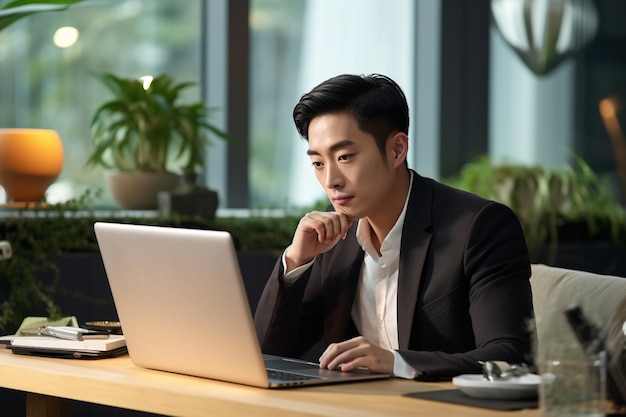 Una foto di un giovane uomo d'affari asiatico impegnato che fa una telefonata mentre usa il suo portatile nel suo ufficio