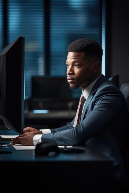 Una foto di un giovane uomo d'affari che usa un computer alla sua scrivania in un ufficio moderno