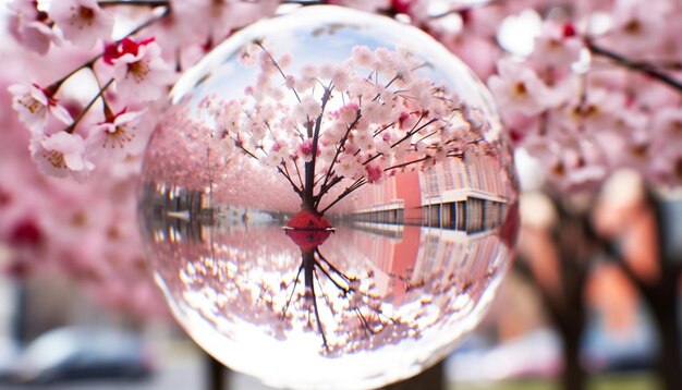 Una foto di un globo di vetro che riflette i fiori di ciliegio circostanti