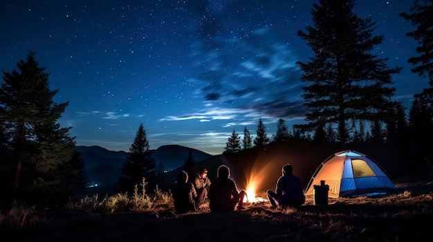 Una foto di un gruppo di amici in campeggio sotto un cielo notturno stellato