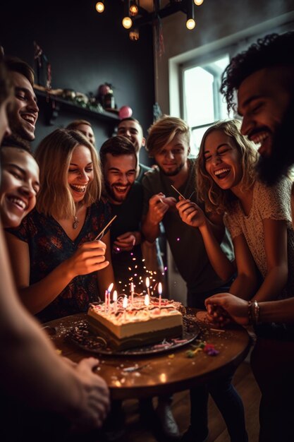Una foto di un gruppo di amici intimi che si divertono alla loro festa creata con l'AI generativa