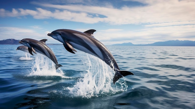 Una foto di un gruppo di delfini che nuotano e saltano fuori dall'acqua all'unisono