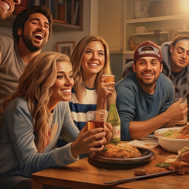 una foto di un gruppo di persone che sorridono e mangiano.