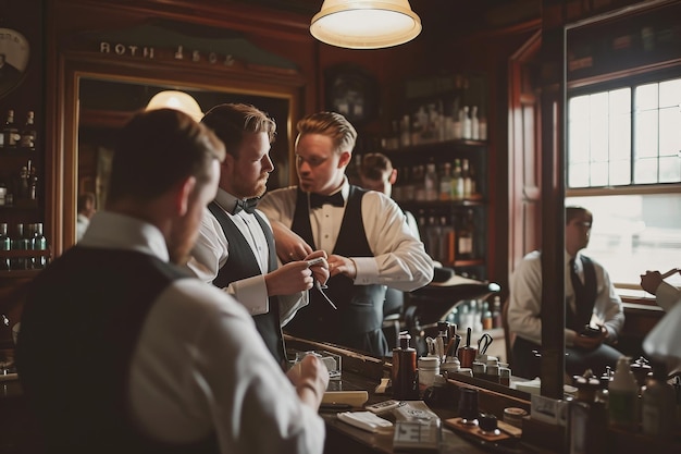 Una foto di un gruppo di uomini che socializzano e stanno in piedi intorno a un bar impegnati in una conversazione e godendo di bevande Gli sposi si preparano in un barbiere vintage Generato da AI