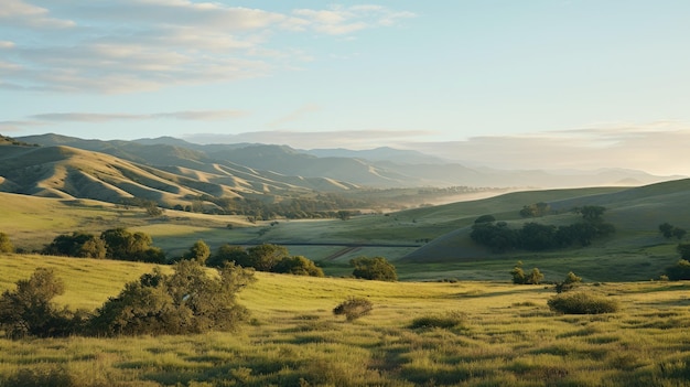 Una foto di un habitat chaparral con colline ondulate alla luce morbida del mattino