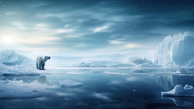 Una foto di un habitat di ghiaccio artico con una silhouette di orso polare sullo sfondo della tundra ghiacciata