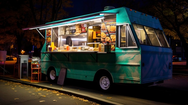 Una foto di un incontro di food truck con una varietà di cucine internazionali