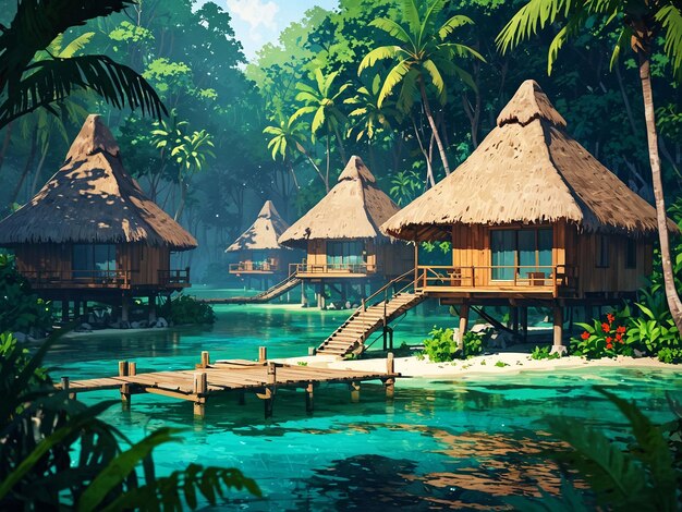 Una foto di un'isola tropicale con un resort sull'acqua