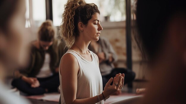 Una foto di un istruttore di yoga che guida una sessione di rilassamento