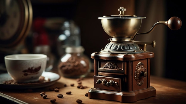 Una foto di un macinatore di caffè manuale con una sensazione vintage