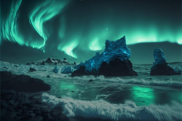 Una foto di un mare con sopra l'aurora boreale