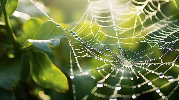 Una foto di un modello a spirale sullo sfondo di un giardino ricco di rugiada