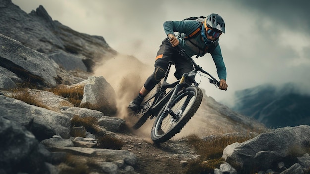 Una foto di un mountain biker che affronta un sentiero di montagna roccioso