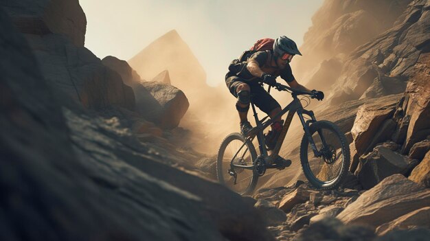 Una foto di un mountain biker che naviga su un sentiero roccioso