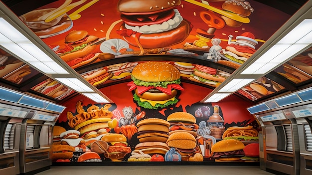 Una foto di un murale a tema fast food sul soffitto