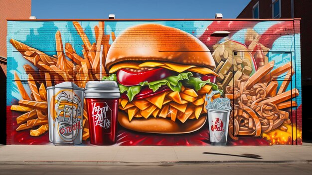 Una foto di un murale ispirato al fast food su un muro