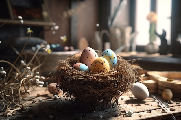 Una foto di un nido di uccelli con uova colorate e un tavolo di legno con una finestra dietro.