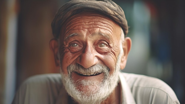 Una foto di un nonno che sorride magnificamente e sinceramente