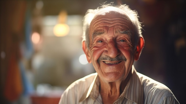 Una foto di un nonno che sorride magnificamente e sinceramente