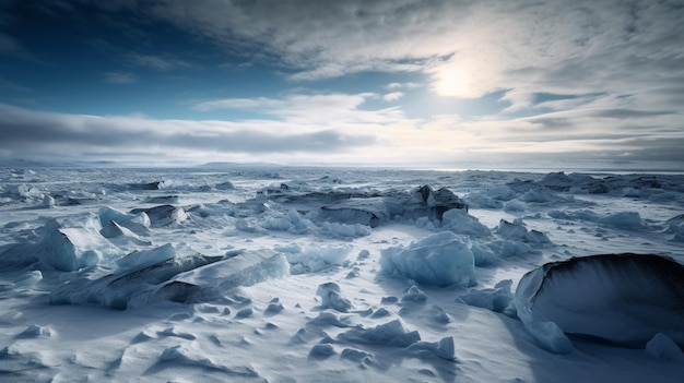 Una foto di un oceano ghiacciato con un cielo nuvoloso e un cielo blu.