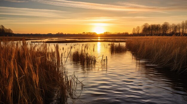 Una foto di un paesaggio del delta con una rete di canali di canne dense