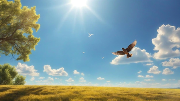 Una foto di un paesaggio di cielo limpido e soleggiato con uccelli che volano sullo sfondo della natura del cielo