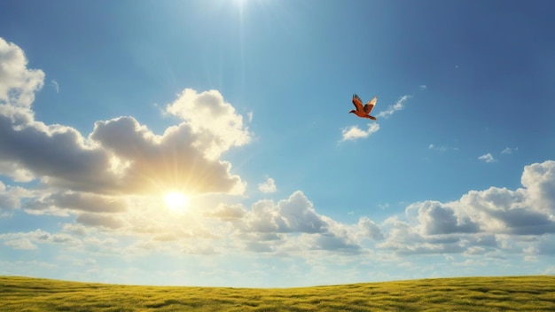 Una foto di un paesaggio di cielo limpido e soleggiato con uccelli che volano sullo sfondo della natura del cielo