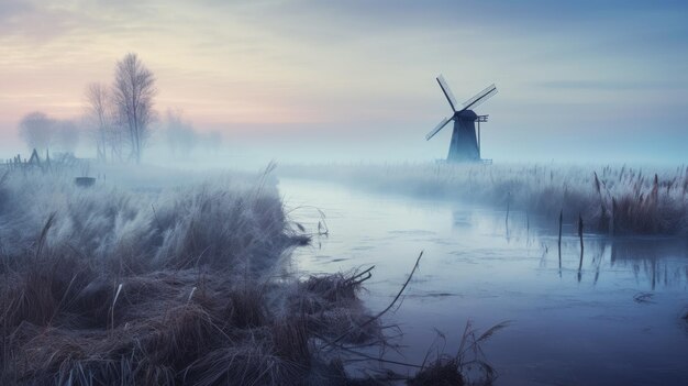 Una foto di un paesaggio di fen con palude coperta di nebbia e mulini a vento lontani