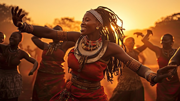 Una foto di un paesaggio di savana di danza tribale tradizionale africana sullo sfondo