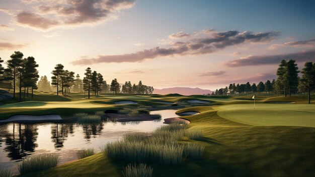 Una foto di un paesaggio di un campo da golf al tramonto