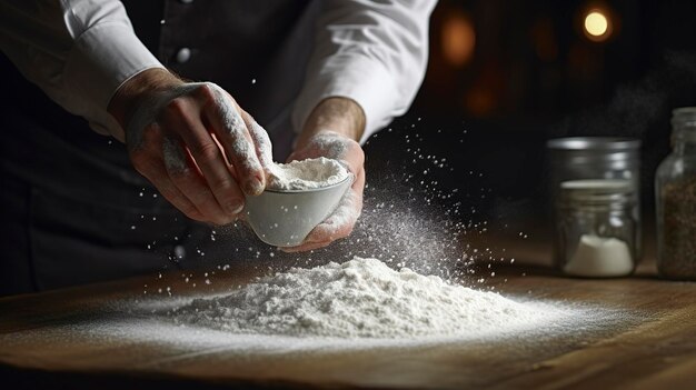 Una foto di un panettiere che spolvera lo zucchero in polvere