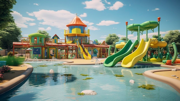 una foto di un parco acquatico con una diapositiva che dice il parco divertimenti