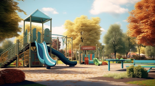 Una foto di un parco comunitario suburbano con un parco giochi
