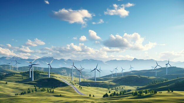 Una foto di un parco di turbine eoliche su colline ondulate