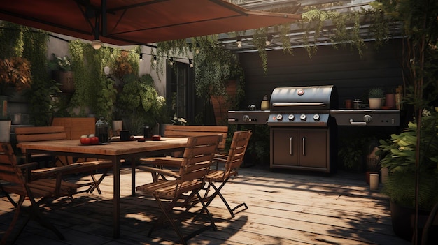 Una foto di un patio in cortile con una griglia da barbecue