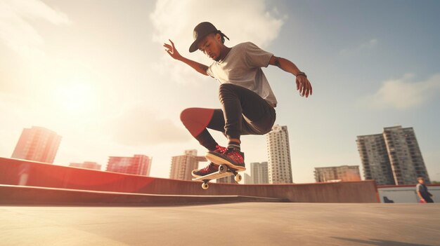 Una foto di un pattinatore che esegue trucchi su uno skateboard