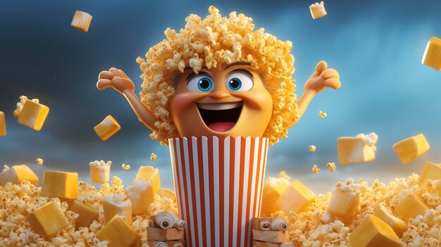 Una foto di un personaggio 3D che bilancia una scatola di popcorn