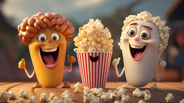 Una foto di un personaggio 3D che condivide popcorn con un amico