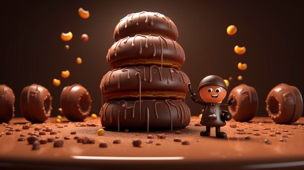 Una foto di un personaggio 3D che fa piping con il ganache al cioccolato