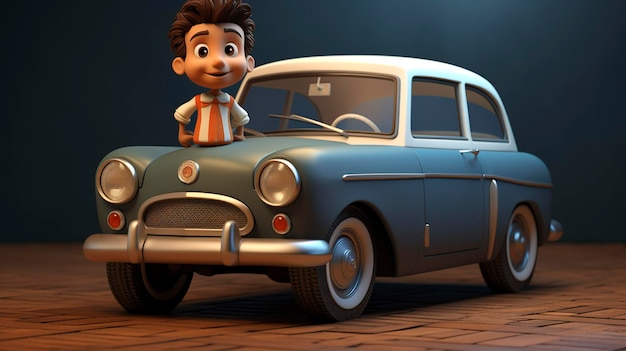 Una foto di un personaggio 3D che posa con un'auto d'epoca