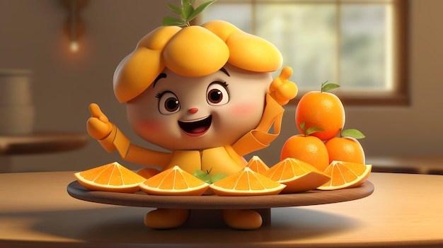 Una foto di un personaggio 3D che presenta un vassoio di frutta