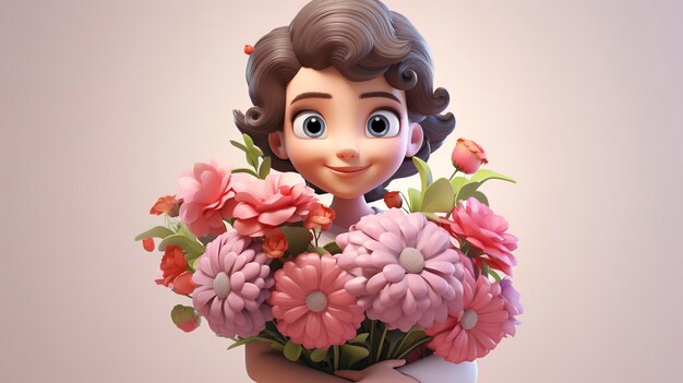 Una foto di un personaggio 3D che tiene un bouquet di fiori