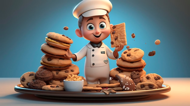 Una foto di un personaggio 3D che tiene un vassoio di biscotti assortiti