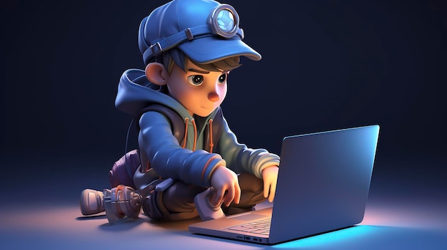 Una foto di un personaggio 3D che usa un portatile per guadagnare online