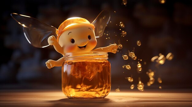 Una foto di un personaggio 3D con un barattolo di melli.