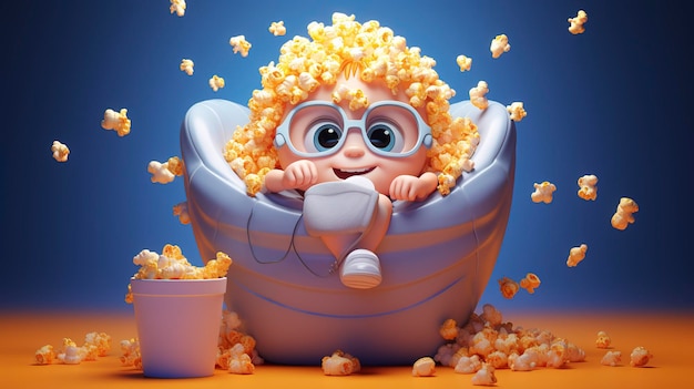 Una foto di un personaggio 3D con una ciotola di popcorn